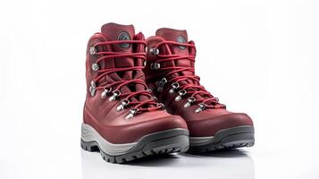 AI generated Red Hiking Boots isolated on flat white background with copy space for advertisement. Generative AI photo