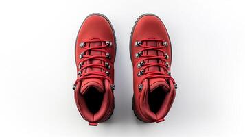 AI generated Red Hiking Boots isolated on flat white background with copy space for advertisement. Generative AI photo