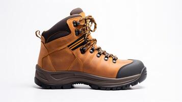 AI generated Tan Hiking Boots isolated on flat white background with copy space for advertisement. Generative AI photo