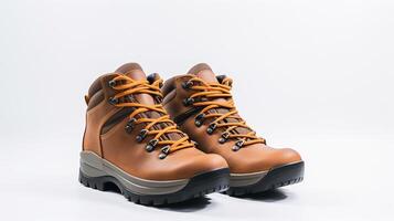 AI generated Tan Hiking Boots isolated on flat white background with copy space for advertisement. Generative AI photo