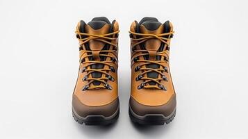 AI generated Tan Hiking Boots isolated on flat white background with copy space for advertisement. Generative AI photo