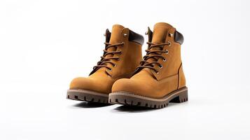 AI generated Tan Winter Boots isolated on flat white background with copy space for advertisement. Generative AI photo