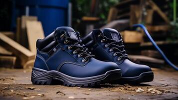 AI generated Navy Work Boots isolated on flat white background with copy space for advertisement. Generative AI photo