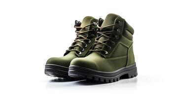 AI generated Olive Western Boots isolated on flat white background with copy space for advertisement. Generative AI photo