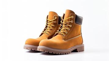 AI generated Tan Work Boots isolated on flat white background with copy space for advertisement. Generative AI photo