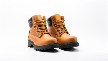 AI generated Tan Work Boots isolated on flat white background with copy space for advertisement. Generative AI photo