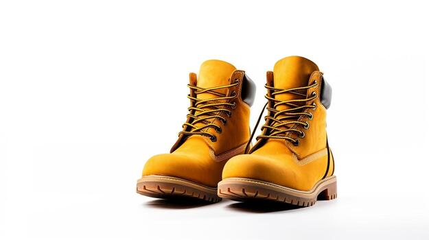 AI generated Wheat Work Boots isolated on flat white background with copy space for advertisement. Generative AI photo