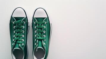 AI generated Green canvas shoes isolated on flat white background with copy space for advertisement. Generative AI photo