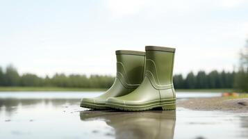 AI generated Olive Rain Boots isolated on white background with copy space for advertisement. Generative AI photo