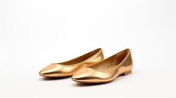 AI generated Gold Ballet Flats shoes isolated on white background with copy space for advertisement. Generative AI photo