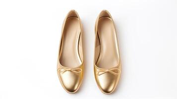 AI generated Gold Ballet Flats shoes isolated on white background with copy space for advertisement. Generative AI photo