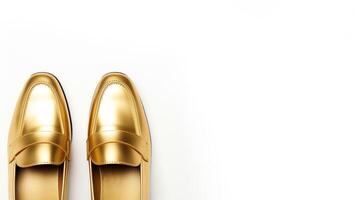 AI generated Gold Loafers shoes isolated on white background with copy space for advertisement. Generative AI photo