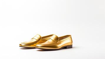 AI generated Gold Loafers shoes isolated on white background with copy space for advertisement. Generative AI photo