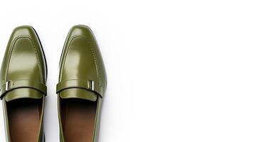 AI generated Olive Loafers shoes isolated on white background with copy space for advertisement. Generative AI photo