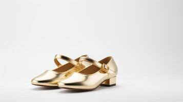 AI generated Gold Mary Janes shoes isolated on white background with copy space for advertisement. Generative AI photo