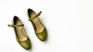 AI generated Olive Mary Janes shoes isolated on white background with copy space for advertisement. Generative AI photo