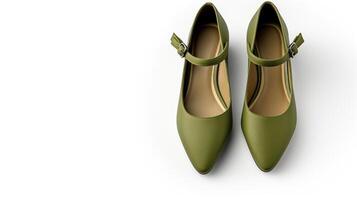 AI generated Olive Mary Janes shoes isolated on white background with copy space for advertisement. Generative AI photo