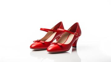 AI generated Red Mary Janes shoes isolated on white background with copy space for advertisement. Generative AI photo