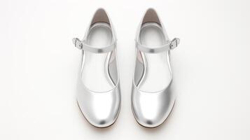 AI generated Silver Mary Janes shoes isolated on white background with copy space for advertisement. Generative AI photo