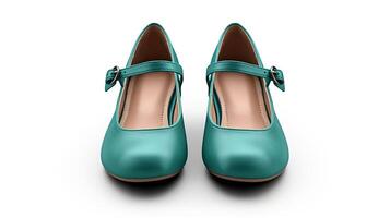 AI generated Teal Mary Janes shoes isolated on white background with copy space for advertisement. Generative AI photo