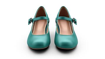 AI generated Teal Mary Janes shoes isolated on white background with copy space for advertisement. Generative AI photo