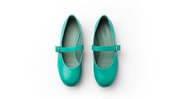 AI generated Teal Mary Janes shoes isolated on white background with copy space for advertisement. Generative AI photo