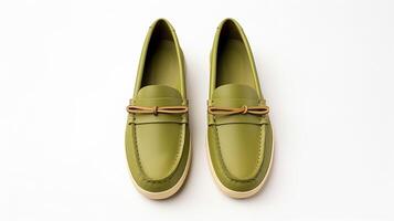 AI generated Olive Moccasins shoes isolated on white background with copy space for advertisement. Generative AI photo