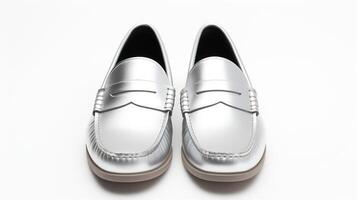 AI generated Silver Moccasins shoes isolated on white background with copy space for advertisement. Generative AI photo