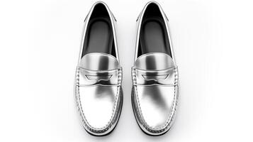 AI generated Silver Moccasins shoes isolated on white background with copy space for advertisement. Generative AI photo