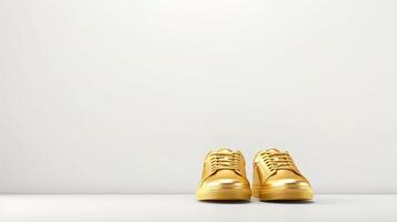 AI generated Gold Sneakers shoes isolated on white background with copy space for advertisement. Generative AI photo