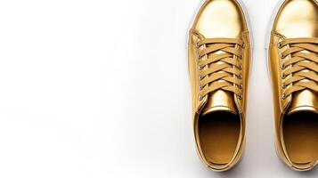 AI generated Gold Sneakers shoes isolated on white background with copy space for advertisement. Generative AI photo