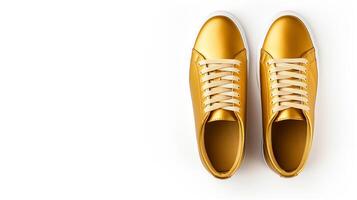 AI generated Gold Sneakers shoes isolated on white background with copy space for advertisement. Generative AI photo