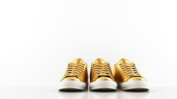 AI generated Gold Sneakers shoes isolated on white background with copy space for advertisement. Generative AI photo