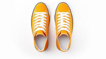 AI generated Orange Sneakers shoes isolated on white background with copy space for advertisement. Generative AI photo