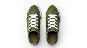 AI generated Olive Sneakers shoes isolated on white background with copy space for advertisement. Generative AI photo