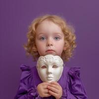 AI generated Cute toddler holding masks against purple background, funny costumes picture photo