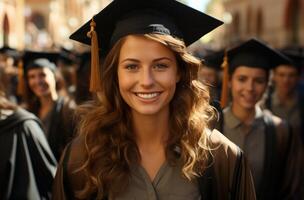 AI generated Graduate students smile wearing graduation caps, american education image photo