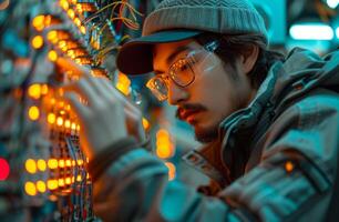 AI generated A person working with electrical equipment focused on the task at hand, electrical inspection picture photo