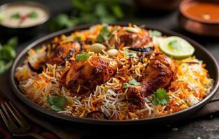 AI generated A plate of indian chicken biryani with rice and chutney, chicken biryani concept photo