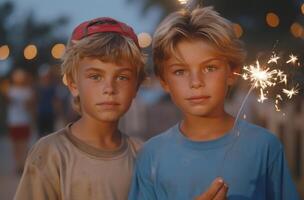 AI generated Two boys wearing blue and red shirts hold sparklers and celebrate joyfully, american family celebrations image photo