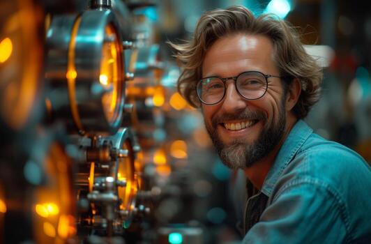 AI generated Smiling engineer stands by electronic device, electrical inspection image photo