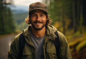 ai generado un hombre vistiendo un tartán camisa y gorra sonriente, americano recreación imagen foto