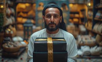 AI generated A muslim man presents a black gift box against a white backdrop with a gold ribbon, eid gifts and presents photo