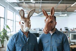 ai generado dos hombres en Conejo y caballo mascaras agregando peculiar encanto a un urbano oficina configuración, gracioso disfraces imagen foto