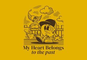 My heart belong to the past. Character illustration of a ball head and flying heart vector