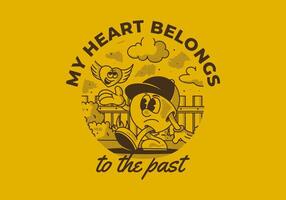 My heart belong to the past. Character illustration of a ball head and flying heart vector