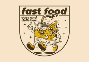 Fast food, easy and delicious. Character illustration of running pizza and soft drink vector