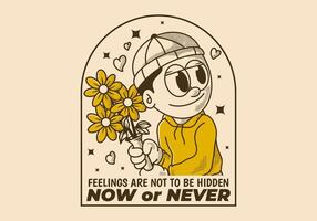 Now or never. Retro illustration of a beanie guy holding a flower vector