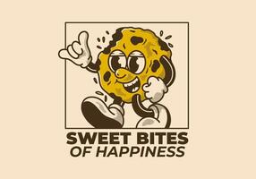 Sweet bites of happiness. Mascot character of a walking cookies in retro style vector