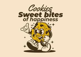 Sweet bites of happiness. Mascot character of a walking cookies in retro style vector